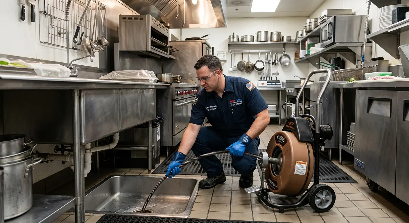Commercial drain cleaning service in a restaurant kitchen in Chester